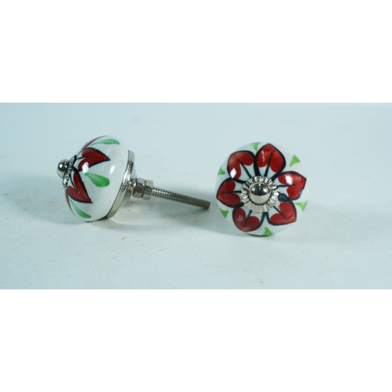 Ceramic Knobs - White Round, Red Flower Design - Kitchen Cabinet Hardware Door Decorative Dresser Pulls - Set Of 5 Pack