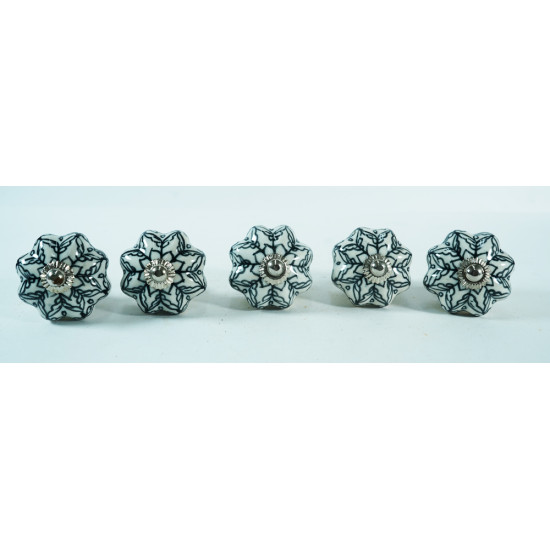 Ceramic Knobs - White & Black Flower Design - For Drawer Kitchen Cabinet Hardware Door Pulls Decorative Dresser - Set Of 5 Pack
