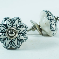 Ceramic Knobs - White & Black Flower Design - For Drawer Kitchen Cabinet Hardware Door Pulls Decorative Dresser - Set Of 5 Pack