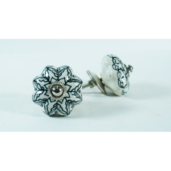 Ceramic Knobs - White & Black Flower Design - For Drawer Kitchen Cabinet Hardware Door Pulls Decorative Dresser - Set Of 5 Pack