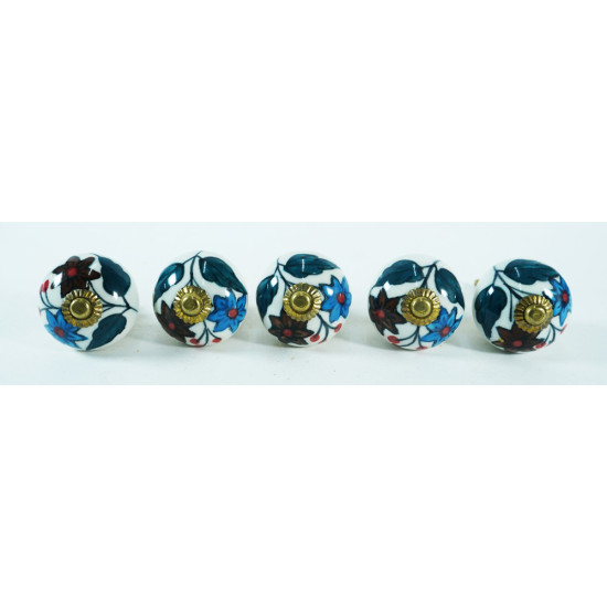 Ceramic Knobs - Blue & Broun Flower & Green Leaf Design - For Decorative Kitchen and Dresser Handles - Set Of 5 Pack Ceramic Knobs - Blue & Broun Flower & Green Leaf Design - For Decorative Kitchen and Dresser Handles - Set Of 5 Pack