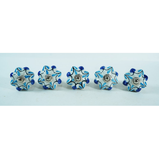 Ceramic Knobs - Dark Blue & Blue Flower Design - For Decorative Kitchen and Dresser Handles - Set Of 5 Pack