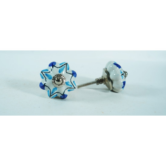 Ceramic Knobs - Dark Blue & Blue Flower Design - For Decorative Kitchen and Dresser Handles - Set Of 5 Pack