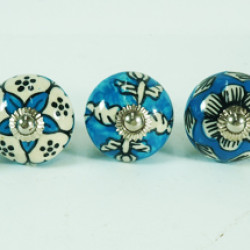 Blue & White Flower Design Ceramic Drawer Knobs - For Kitchen Cabinet Hardware Door Handle Pulls Decorative Dresser - Pack Of 5