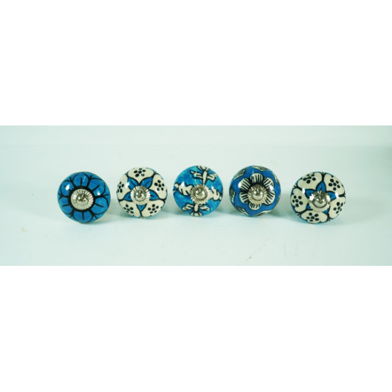 Blue & White Flower Design Ceramic Drawer Knobs - For Kitchen Cabinet Hardware Door Handle Pulls Decorative Dresser - Pack Of 5
