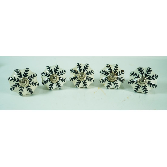Ceramic Knobs -  Black Leaf Design - For  Farmhouse, Home, Office, Garage, Room, Bathroom, Kitchen, Bedroom - Set Of 5 Pack