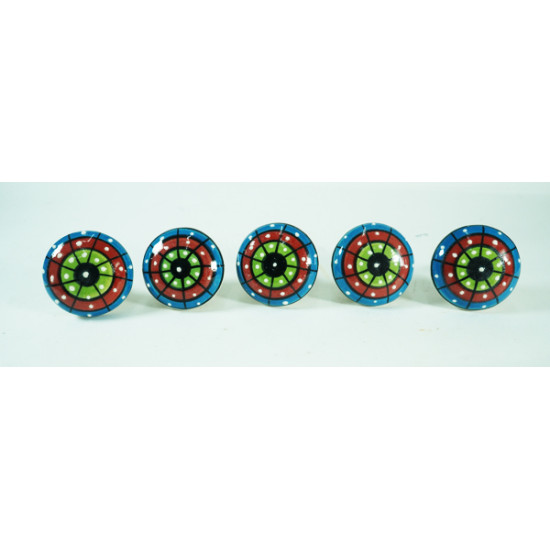Green, Red ,Blue Blocks With White Dotted -Ceramic knobs. For  Kitchen Cupboard ,Furniture Home Décor,  Cabinet - Drawer - Cabinet pulls - Door knobs. (Set Of 5.)