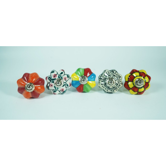 Hand Made - Multicolor Floral & Design- Ceramic Knobs - Vintage Decorative Knobs - For  Kitchen Cupboard ,Furniture Home Décor,  Cabinet - Drawer - Cabinet pulls - Door knobs. (Set Of 5.)