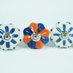 Multi Blue & Orange -Pink Flower Ceramic knobs. For  Kitchen Cupboard ,Furniture Home Décor,  Cabinet - Drawer - Cabinet pulls - Door knobs. (Set Of 5.)