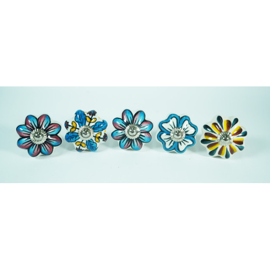 Multicolor Flower Design - Ceramic Knobs - Hardware Door Decorative Dresser Pulls Luxurious Crafted by Hand - Set Of 5
