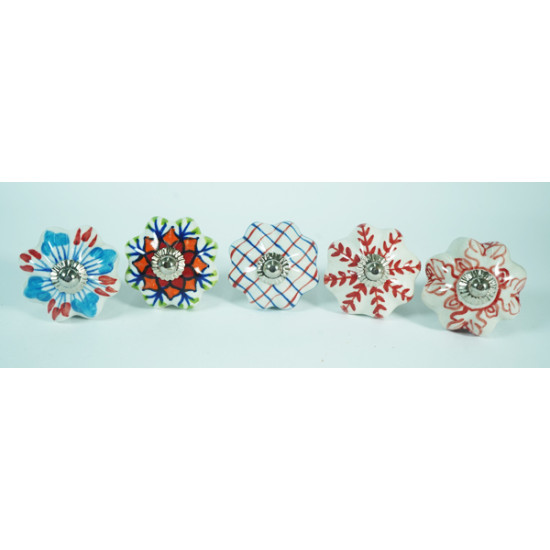 Multi Design Red & Blue- Ceramic Knobs For- Kitchen Cupboard ,Furniture Home Decor, Cabinet - Drawer - Cabinet pulls - Door knobs. (Set Of 5). Multi Design Red & Blue- Ceramic Knobs For- Kitchen Cupboard ,Furniture Home Decor, Cabinet - Drawer - Cabinet pulls - Door knobs. (Set Of 5).