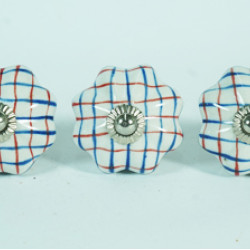 Ceramic Knobs - White Round, Blue & Red Design - Decorative Kitchen and Dresser Handles - Set Of 5