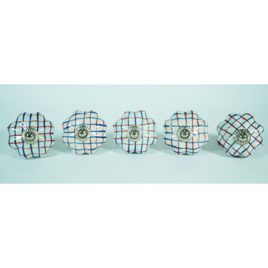 Ceramic Knobs - White Round, Blue & Red Design - Decorative Kitchen and Dresser Handles - Set Of 5