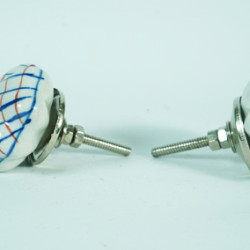 Ceramic Knobs - White Round, Blue & Red Design - Decorative Kitchen and Dresser Handles - Set Of 5