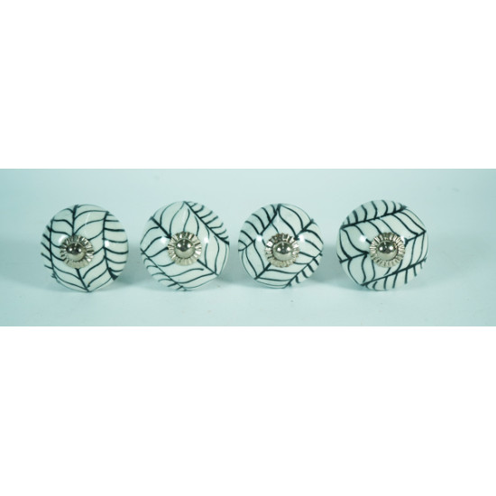 Ceramic Knobs - Black Leaf Design - Decorative Kitchen and Dresser Handles - Set Of 5 Pack