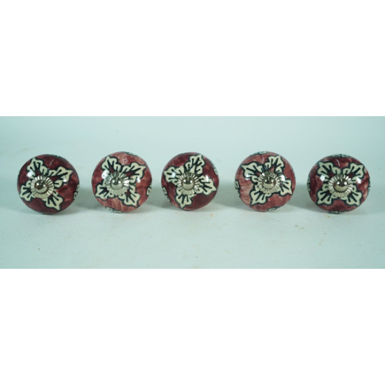 Maroon & White Leaf Design Drawer Ceramic Knob - For Kitchen Cabinet Hardware Door Pulls Decorative Dresser - Pack Of 5