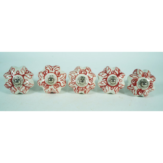 White & Red Leaf Design Ceramic Knob - For Bathroom Kitchen Cabinet Hardware Door Pulls Decorative Dresser - Pack Of 5 White & Red Leaf Design Ceramic Knob - For Bathroom Kitchen Cabinet Hardware Door Pulls Decorative Dresser - Pack Of 5