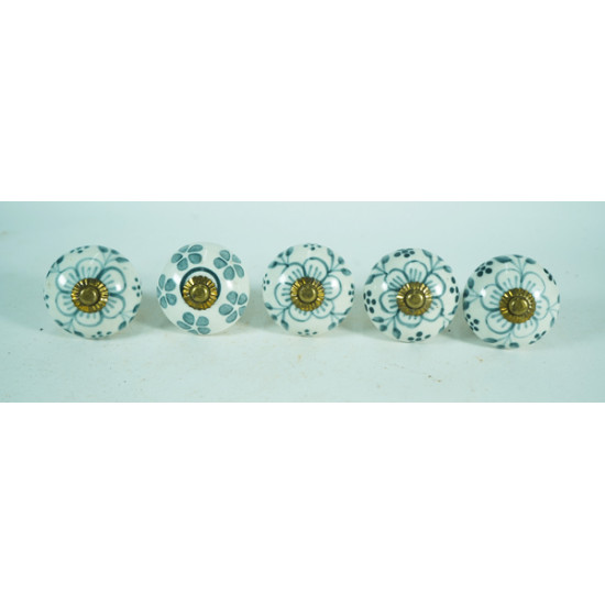 White & Grey Leaf Flower Design Drawer Ceramic Knob - For Kitchen Cabinet Hardware Door Pulls Decorative Dresser - Pack Of 5