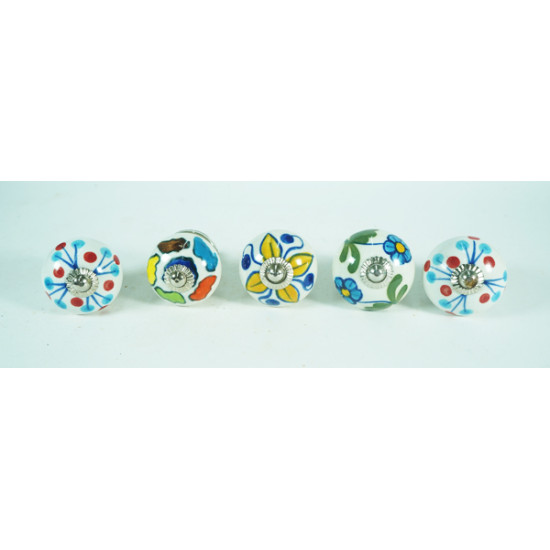 Multicolor Flower Design Ceramic Drawer Knobs - For Kitchen Cabinet Hardware Door Handle Pulls Decorative Dresser - Pack Of 5