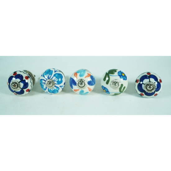 Multicolor Flower Design Ceramic Drawer Knobs - For Kitchen Cabinet Hardware Door Handle Pulls Decorative Dresser - Pack Of 5