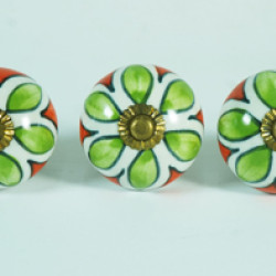 Ceramic Knobs - White Round, Green & Orange Flower Design - For Kitchen Cabinet Hardware Door Decorative Dresser Pulls - Set Of 5