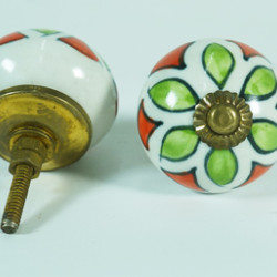 Ceramic Knobs - White Round, Green & Orange Flower Design - For Kitchen Cabinet Hardware Door Decorative Dresser Pulls - Set Of 5