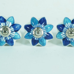 Ceramic Knobs - Blue & Sky Blue Flower Design - Door Handle for Kitchen Cabinets Wardrobe - Set Of 5 Pack
