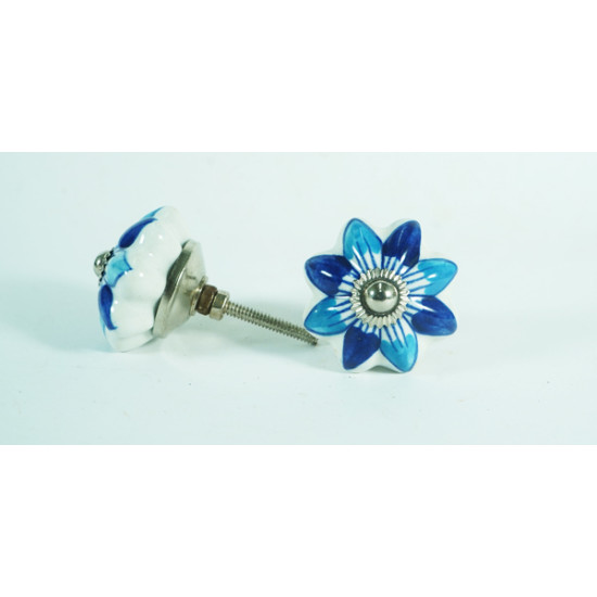 Ceramic Knobs - Blue & Sky Blue Flower Design - Door Handle for Kitchen Cabinets Wardrobe - Set Of 5 Pack