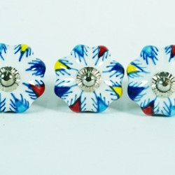 Ceramic Knobs - White Round, Multicolor Leaf Design - For Kitchen Cabinet Hardware Door Decorative Dresser Pulls - Set Of 5