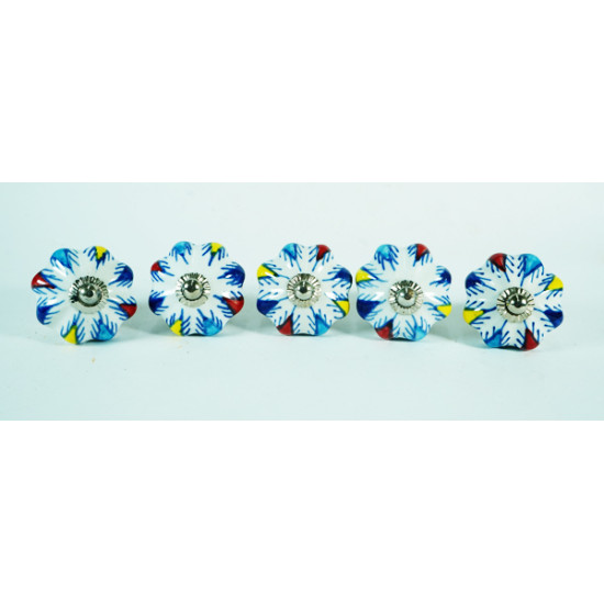 Ceramic Knobs - White Round, Multicolor Leaf Design - For Kitchen Cabinet Hardware Door Decorative Dresser Pulls - Set Of 5 Ceramic Knobs - White Round, Multicolor Leaf Design - For Kitchen Cabinet Hardware Door Decorative Dresser Pulls - Set Of 5