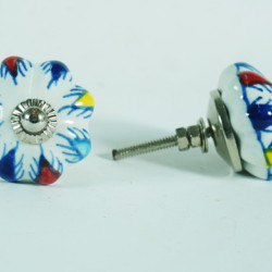 Ceramic Knobs - White Round, Multicolor Leaf Design - For Kitchen Cabinet Hardware Door Decorative Dresser Pulls - Set Of 5