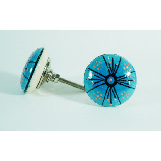 Ceramic  Knobs - Blue Round, Black & Orange Design - For Decorative Kitchen and Dresser Handles - Set Of 5