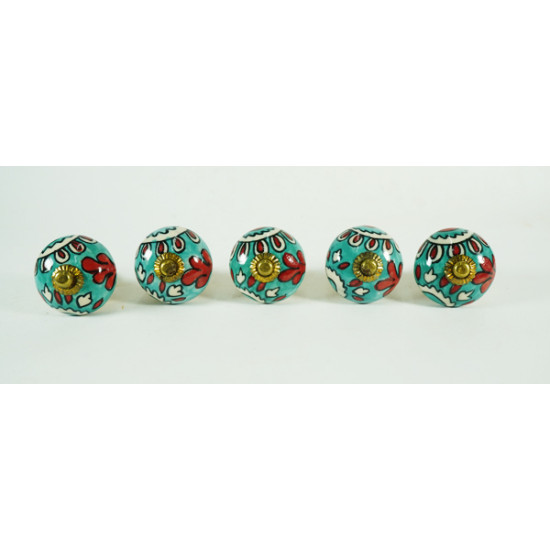 Ceramic  Knobs - turquoise Round, Red & White Flower Design - For Decorative Kitchen and Dresser Handles - Set Of 5 Pack