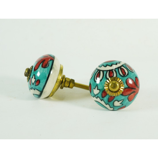 Ceramic  Knobs - turquoise Round, Red & White Flower Design - For Decorative Kitchen and Dresser Handles - Set Of 5 Pack