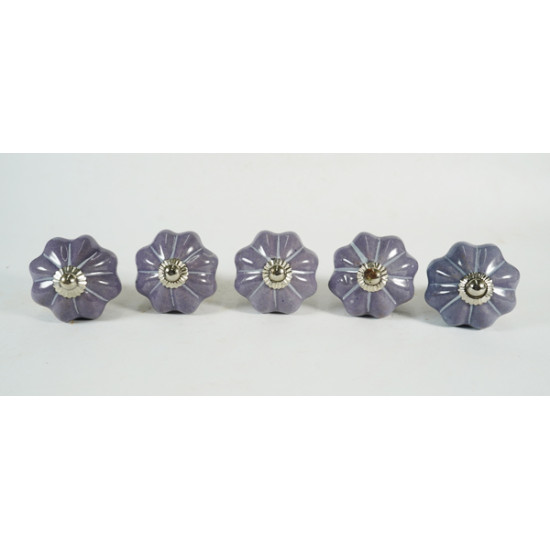 Ceramic  Knobs - Purple Colour, White Line Design - For  Kitchen Cabinet Hardware Door Decorative Dresser Pulls - Set Of 5