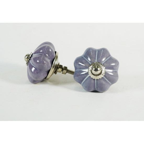 Ceramic  Knobs - Purple Colour, White Line Design - For  Kitchen Cabinet Hardware Door Decorative Dresser Pulls - Set Of 5