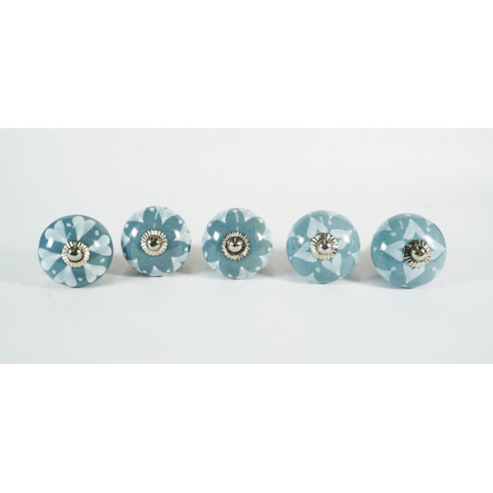 Grey & White Heart Design Ceramic Drawer Knobs - For Kitchen Cabinet Hardware Door Handle Pulls Decorative Dresser - Pack Of 5
