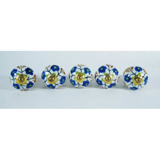 Ceramic  Knobs - Blue & Broun Flower Design - Door Handle for Kitchen Cabinets Wardrobe - Set Of 5