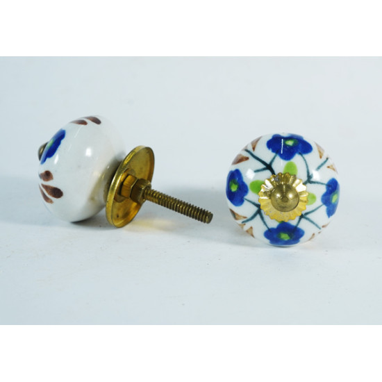 Ceramic  Knobs - Blue & Broun Flower Design - Door Handle for Kitchen Cabinets Wardrobe - Set Of 5