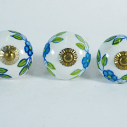 Ceramic  Knobs - White Round, Blue & Green Of  Flower & Leaf Design - Kitchen Cabinet Hardware Door Decorative Dresser Pulls - Set Of 5