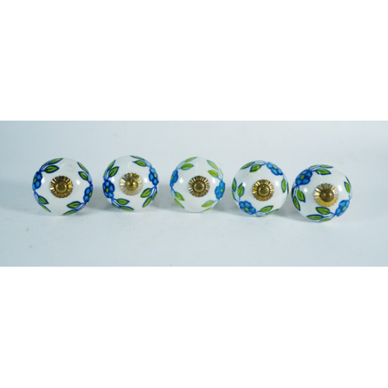 Ceramic  Knobs - White Round, Blue & Green Of  Flower & Leaf Design - Kitchen Cabinet Hardware Door Decorative Dresser Pulls - Set Of 5