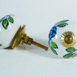 Ceramic  Knobs - White Round, Blue & Green Of  Flower & Leaf Design - Kitchen Cabinet Hardware Door Decorative Dresser Pulls - Set Of 5