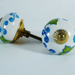 Ceramic  Knobs - White Round, Green Flower Design - Farmhouse, Home, Office, Garage, Room, Bathroom, Kitchen, Bedroom - Set Of 5