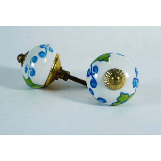 Ceramic  Knobs - White Round, Green Flower Design - Farmhouse, Home, Office, Garage, Room, Bathroom, Kitchen, Bedroom - Set Of 5