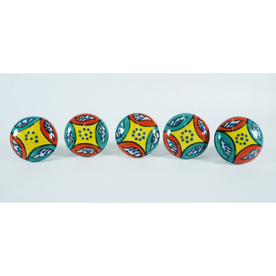 Vintage Multi Color  Hand Painted Ceramic Pull Knobs For Kitchen- Cabinet, Door & Drawer, Wardrobe, Cupboard Multicolor (Set of 5 Pcs.)