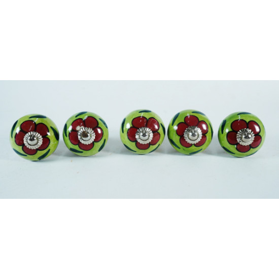 Ceramic Knobs - Red Flower & Green Leaf Design - Farmhouse, Home, Office, Garage, Room, Bathroom, Kitchen, Bedroom - Set Of 5 Ceramic Knobs - Red Flower & Green Leaf Design - Farmhouse, Home, Office, Garage, Room, Bathroom, Kitchen, Bedroom - Set Of 5
