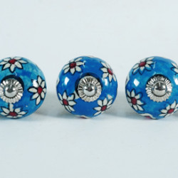 Ceramic  Knobs - Blue Round, White Flower Design - Door Handle for Kitchen Cabinets Wardrobe - Set Of 5