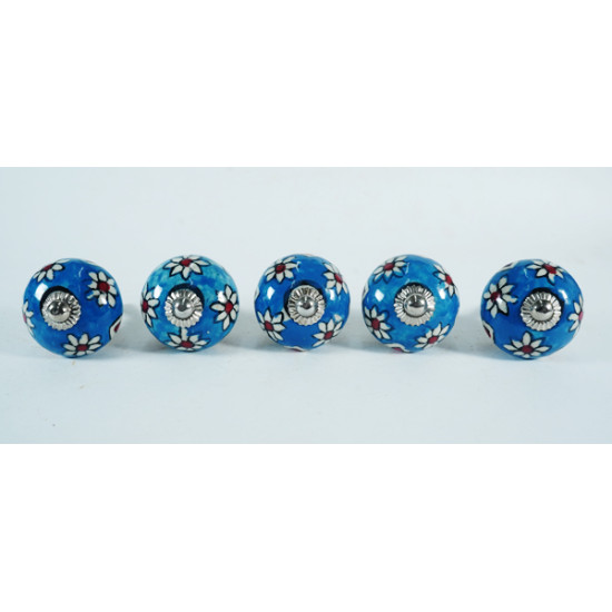 Ceramic  Knobs - Blue Round, White Flower Design - Door Handle for Kitchen Cabinets Wardrobe - Set Of 5