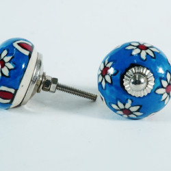 Ceramic  Knobs - Blue Round, White Flower Design - Door Handle for Kitchen Cabinets Wardrobe - Set Of 5
