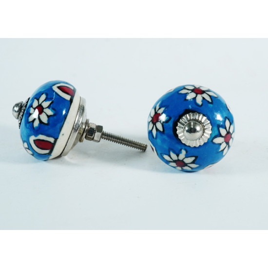 Ceramic  Knobs - Blue Round, White Flower Design - Door Handle for Kitchen Cabinets Wardrobe - Set Of 5